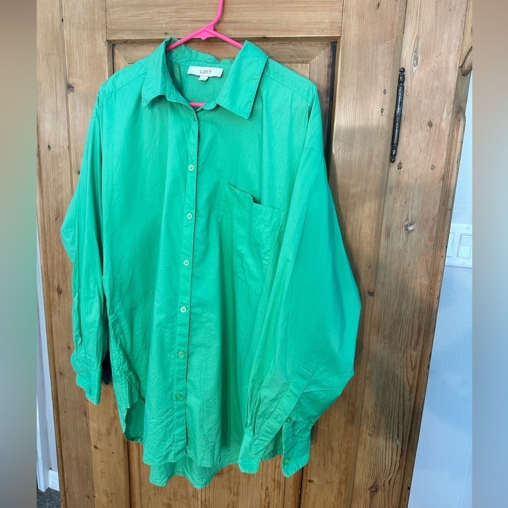 Loft Oversized Cotton Blend Button Down Pretty Green Size Large